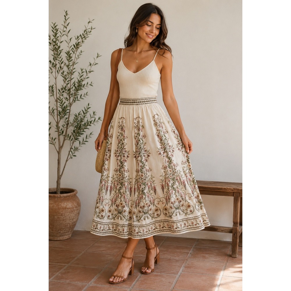 Max Studio London Floral Linen Blend Midi Skirt Cream Green Pink L Cottagecore